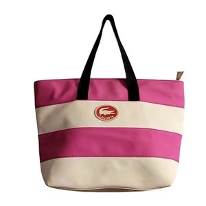 Lacoste Striped Pink White XL Tote Shoulder Bag w Signature Black Logo Straps